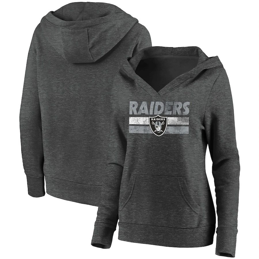 Women Oakland Raiders Fanatics Branded Heathered Charcoal First String V-Neck Pullover Hoodie->women nfl jersey->Women Jersey